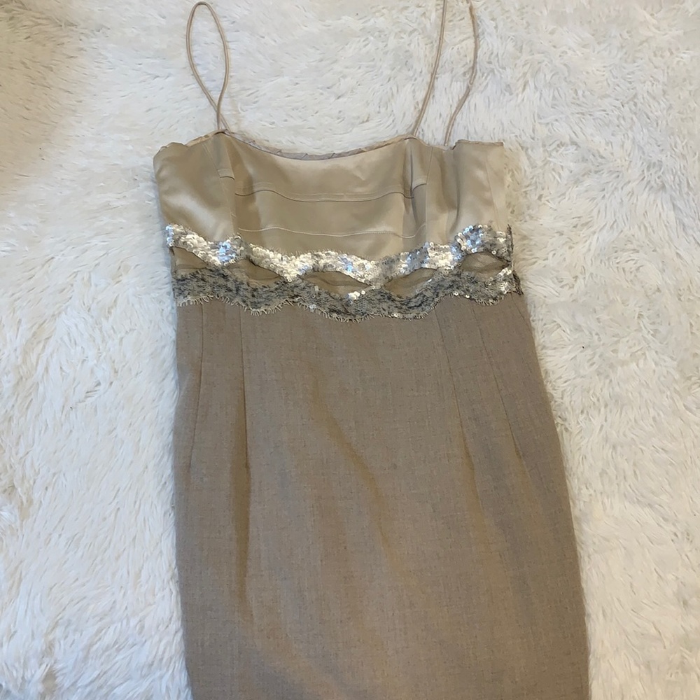 Beautiful neutral Etcetera sequin satin top pencil